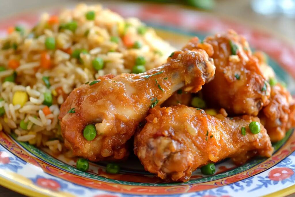 Crispy chicken manchurian with fried rice on a vibrant plate.