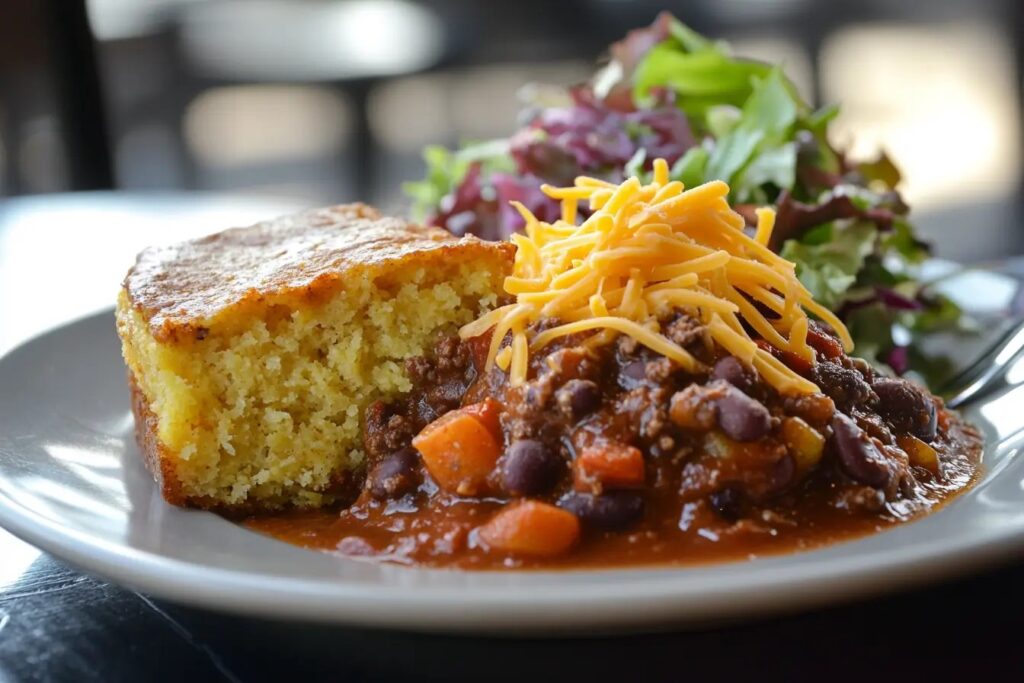 A bowl of chili paired with cornbread and salad