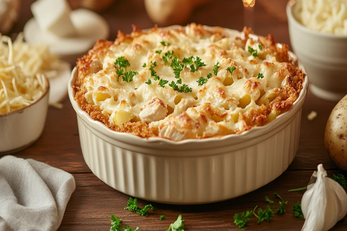 Golden chicken and hash brown casserole in a rustic baking dish.