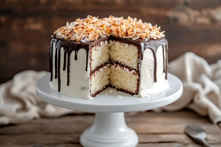 Mounds Bar Cake on a cake stand with a slice revealing coconut filling.