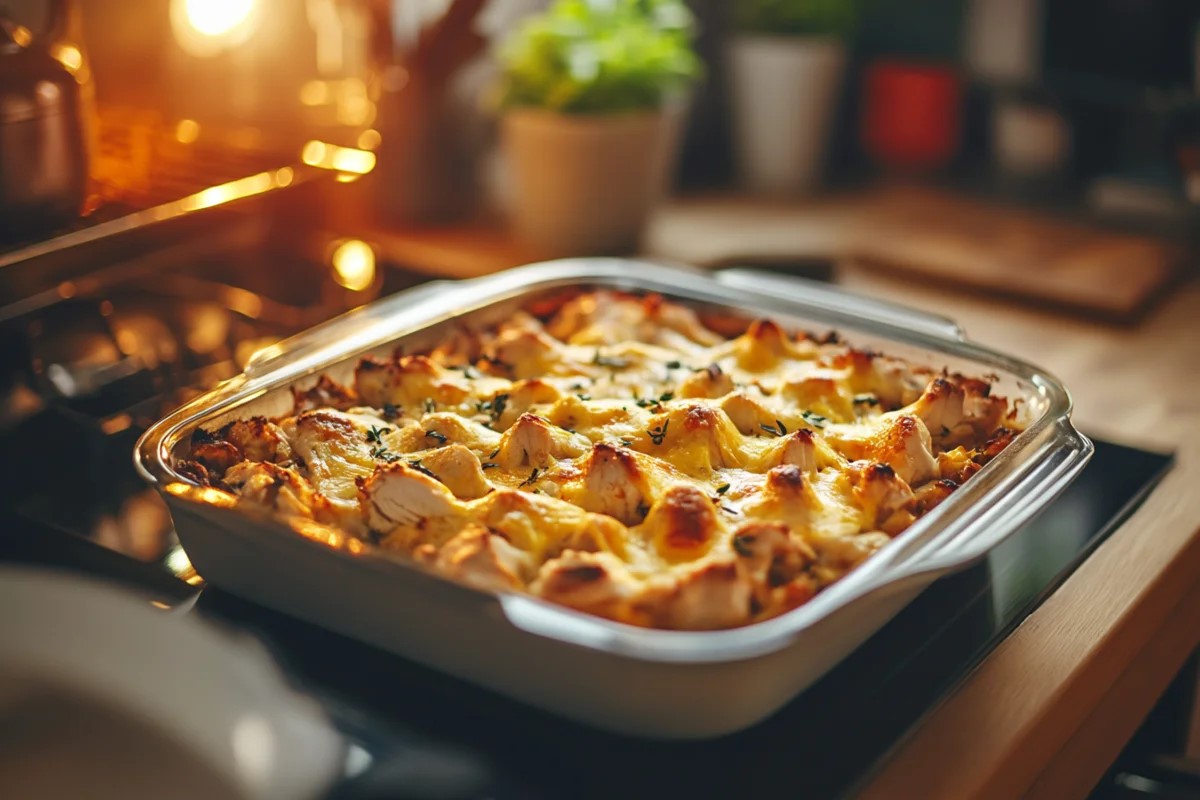 Golden-baked chicken casserole fresh out of the oven.