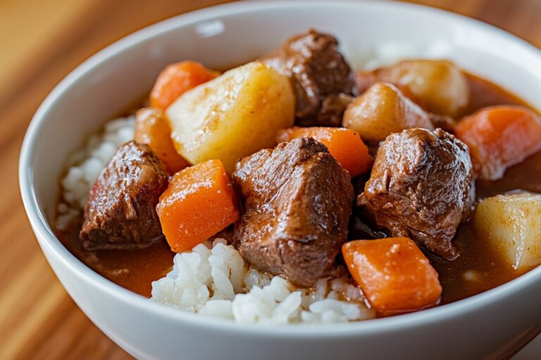 A bowl of Hawaiian beef stew with rice.