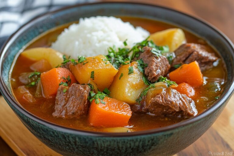 A bowl of Hawaiian stew at Zippy’s with beef, vegetables, and rice.