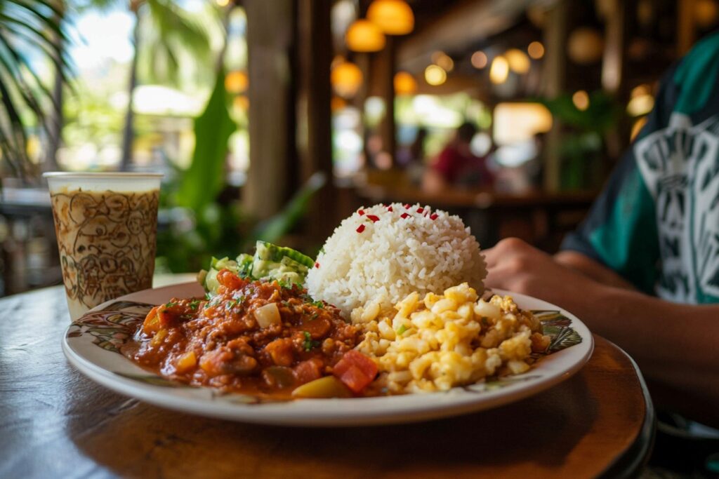 A customer enjoying Hawaiian stew at Zippy’s with mac salad and rice.