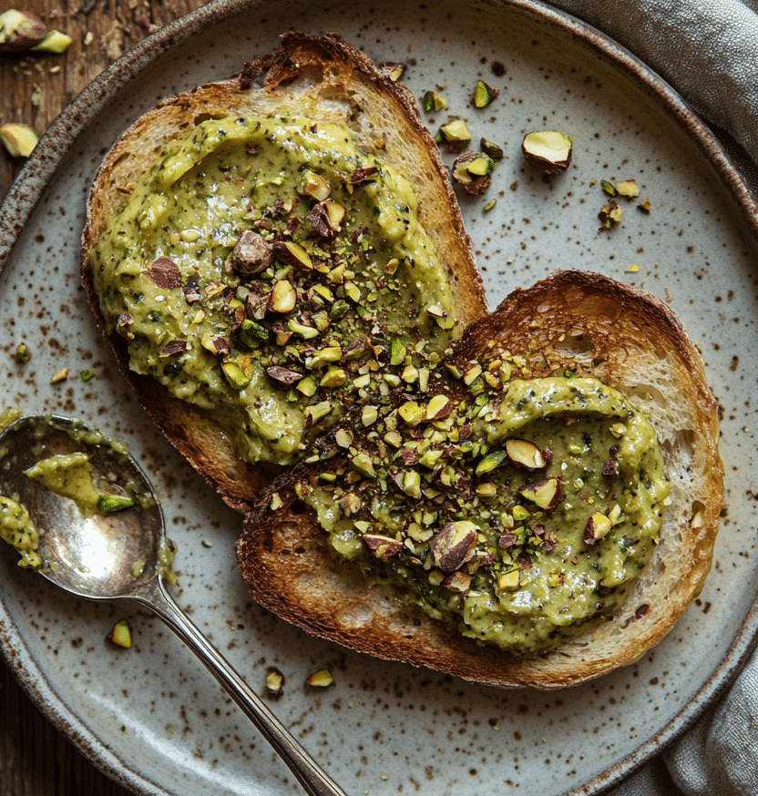pistachio butter spread on artisan toast
