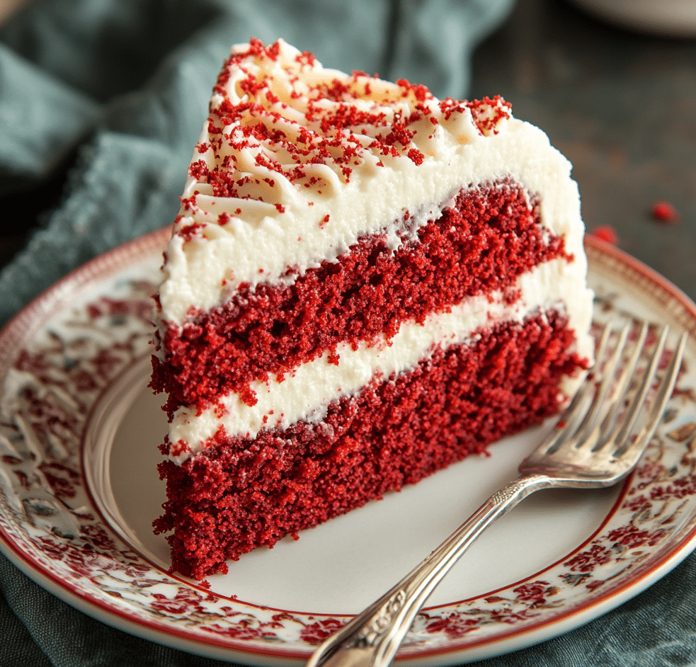 served slice of red velvet cake