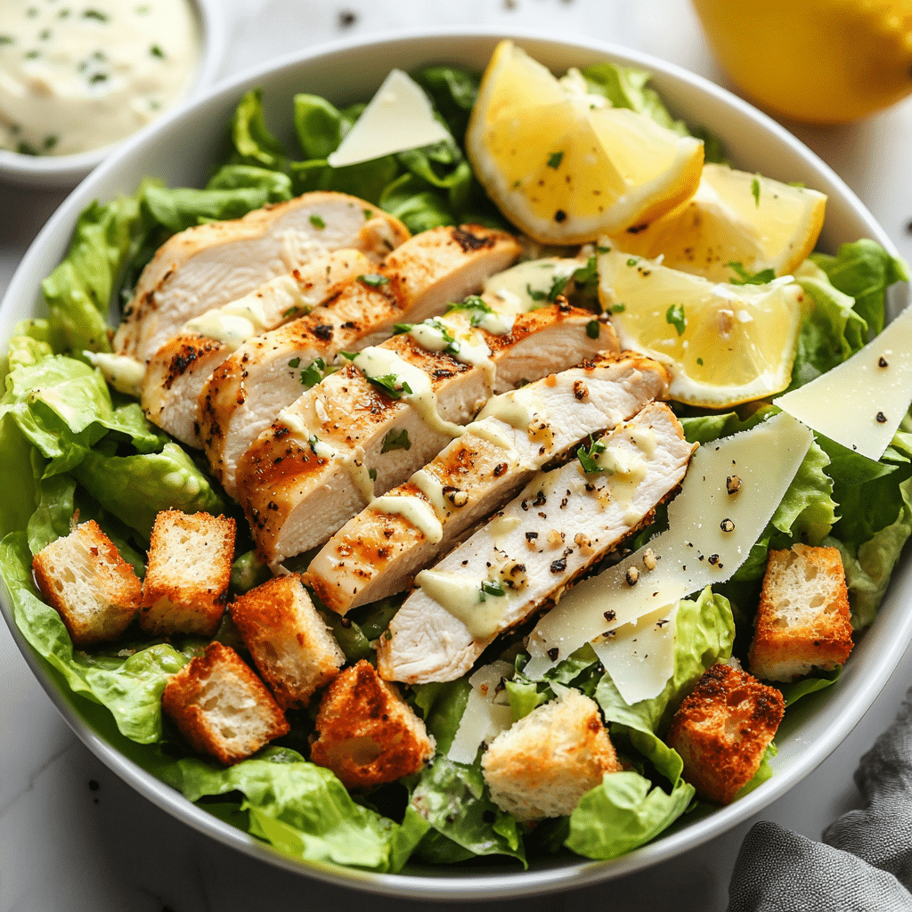 Chicken Caesar salad in white bowl with grilled chicken and Parmesan