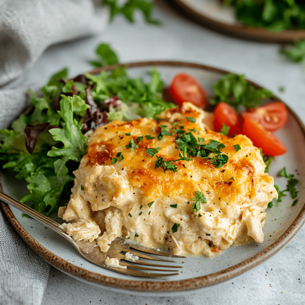Plated serving of creamy keto chicken casserole with side salad