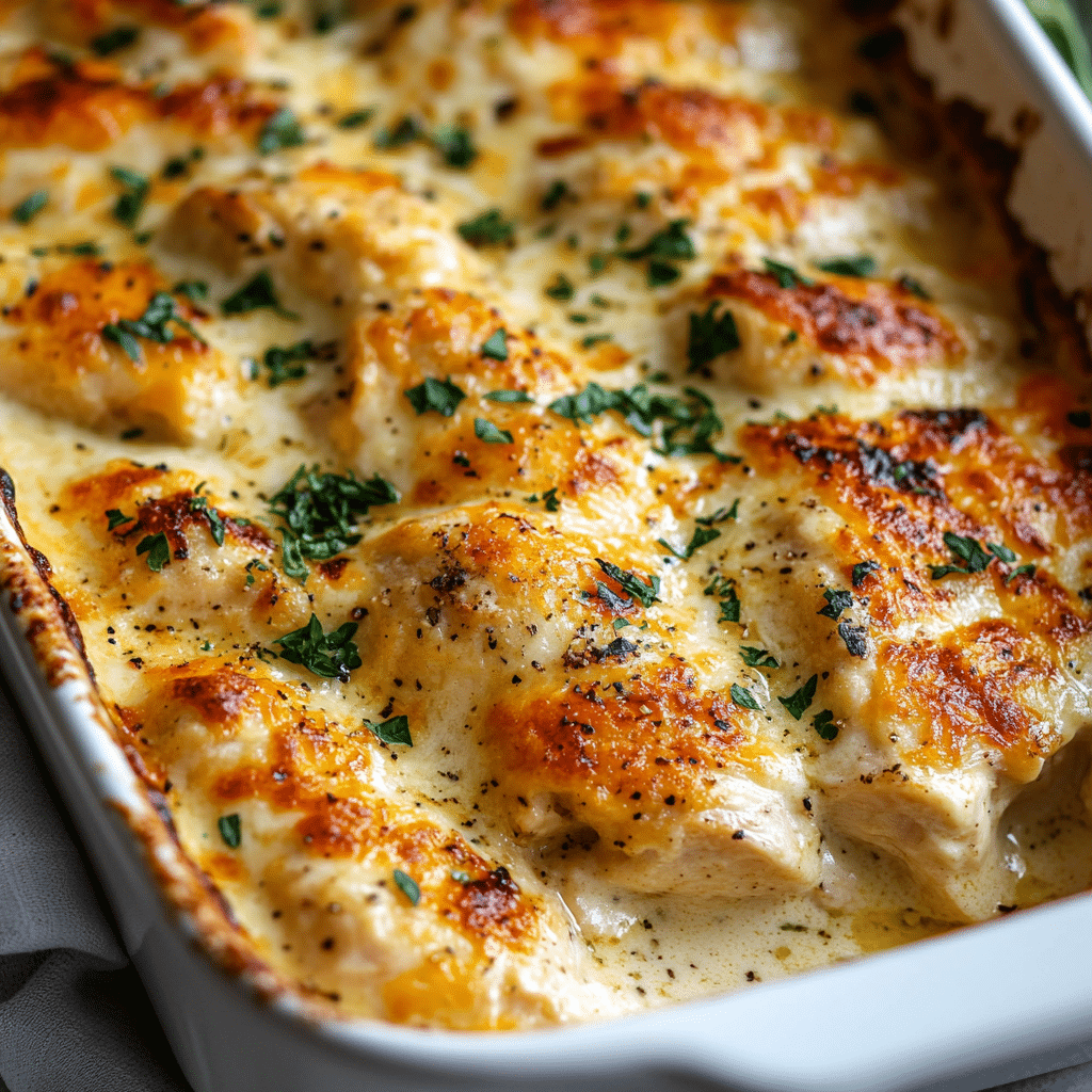 creamy keto chicken casserole in a baking dish