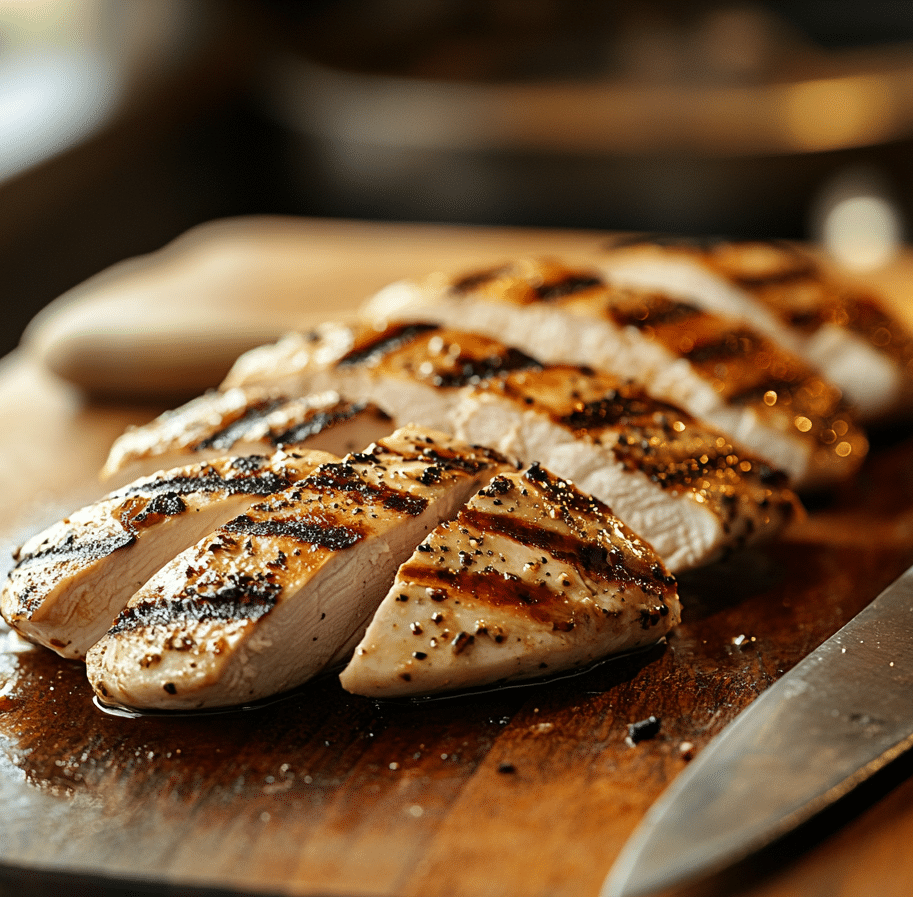 Grilled chicken breast sliced on cutting board