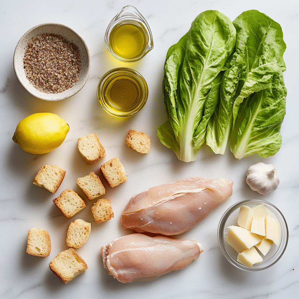 Ingredients for chicken Caesar salad on marble background