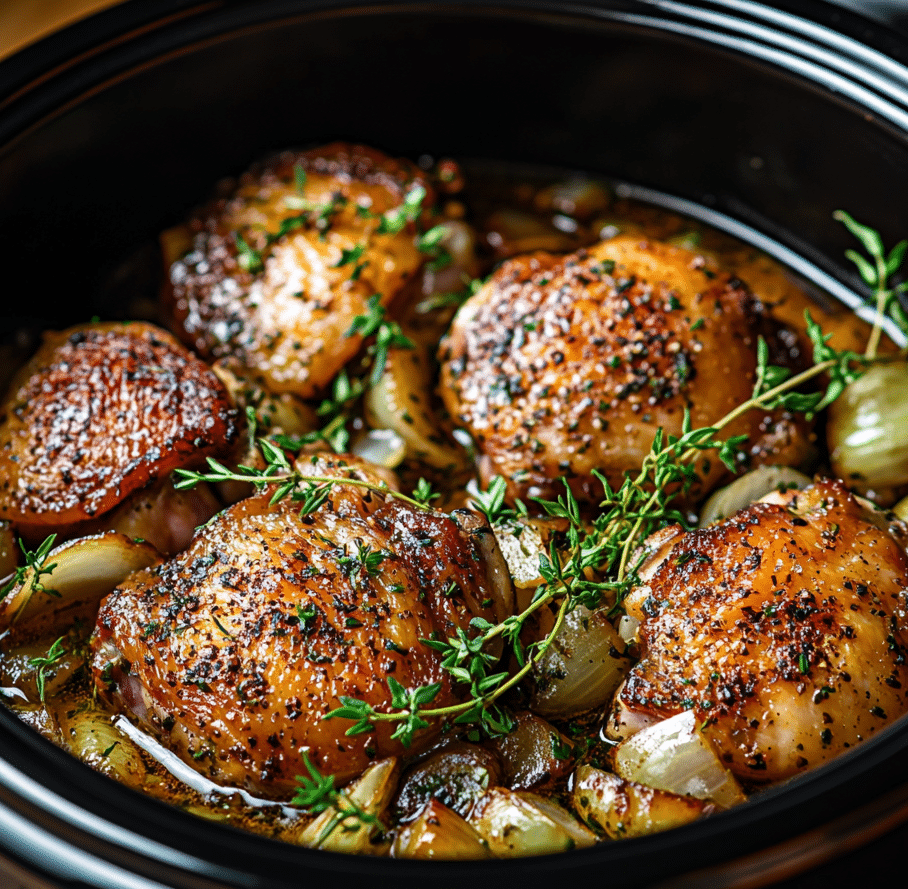 Slow cooker chicken thighs recipe in rustic kitchen