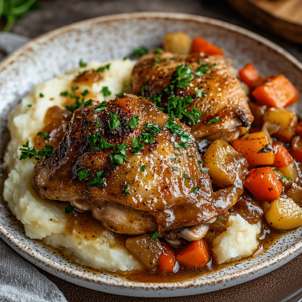 Plated slow cooker chicken thighs recipe with sides