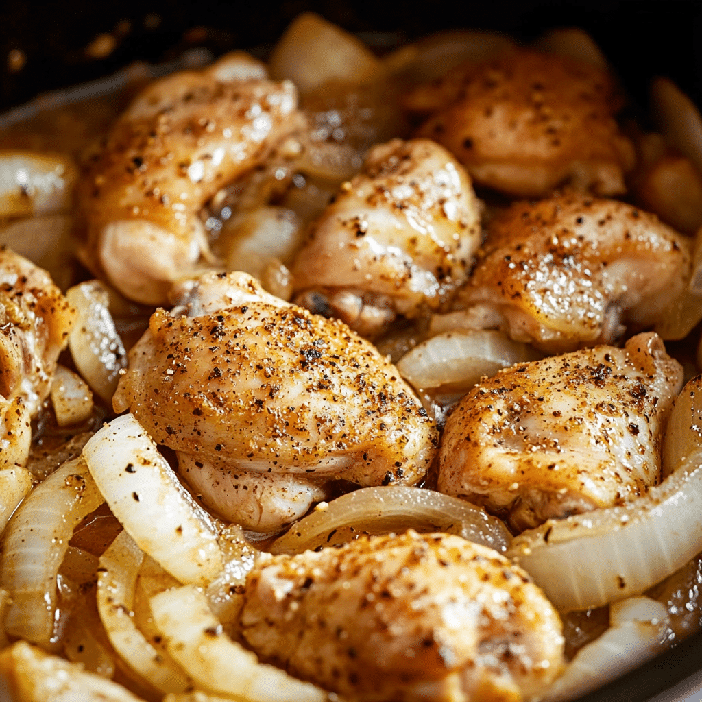 Preparing slow cooker chicken thighs with onions and herbs