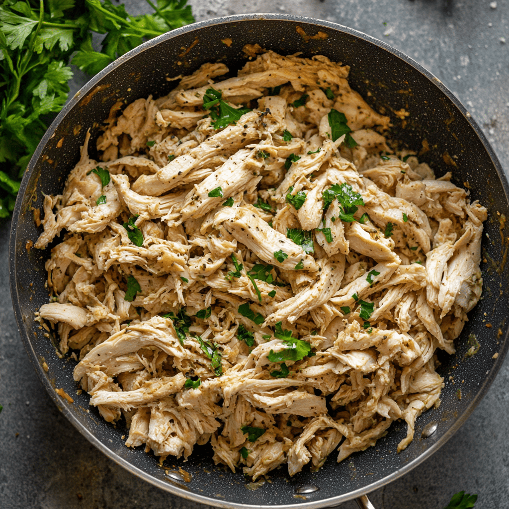 Cooked and seasoned shredded chicken in skillet for keto chicken casserole
