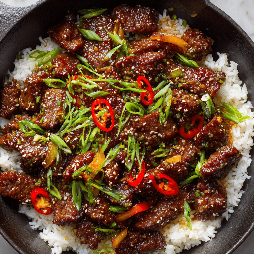 Photorealistic close-up of 30-minute Mongolian beef with tender flank steak in a glossy soy garlic sauce, served over white rice.