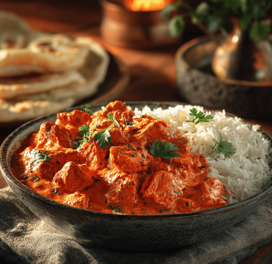 Authentic Indian Butter Chicken Recipe served in a bowl with creamy tomato sauce and fresh cilantro garnish.