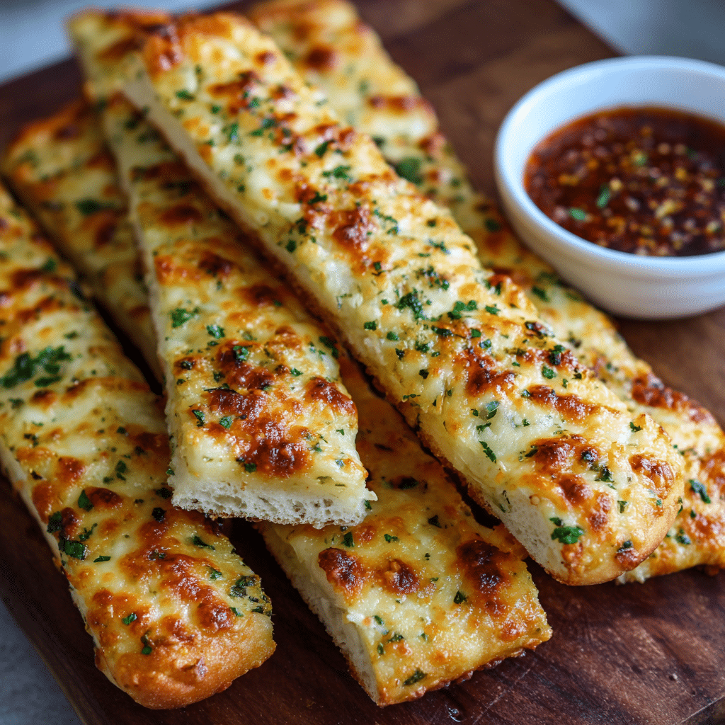 Cheesy garlic breadsticks baked with mozzarella and parmesan