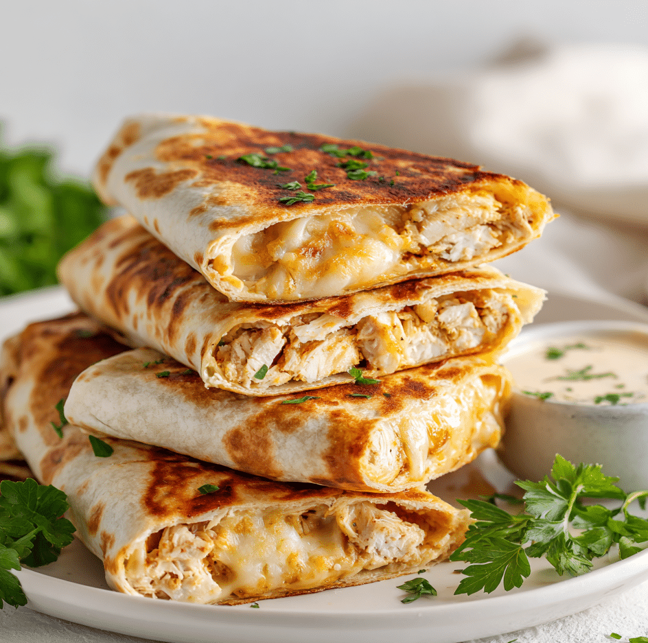 Cheesy garlic chicken wraps with melted cheese and garlic sauce in a tortilla