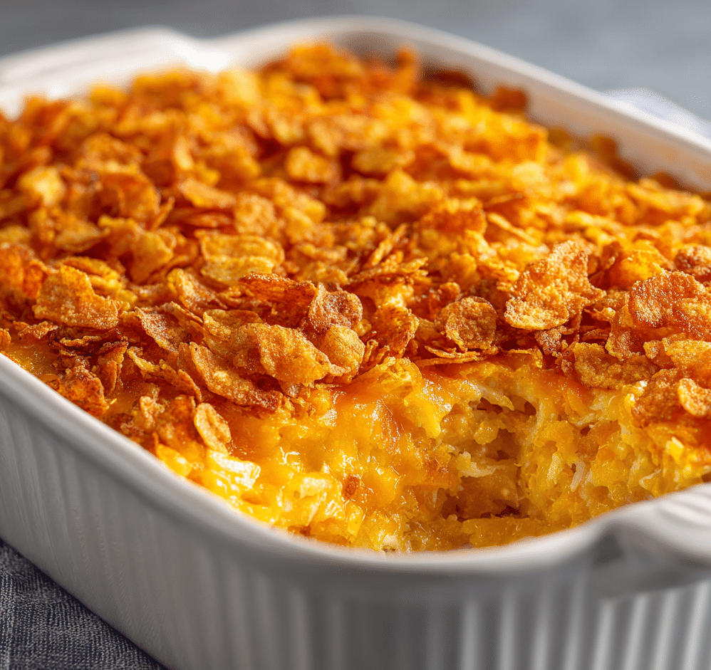 Golden baked cheesy hash brown casserole in a white dish with crispy topping