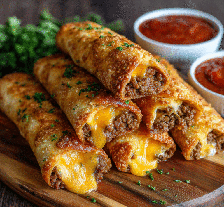 Golden baked cheesy taco sticks on a wooden board with bowls of salsa and sour cream for dipping