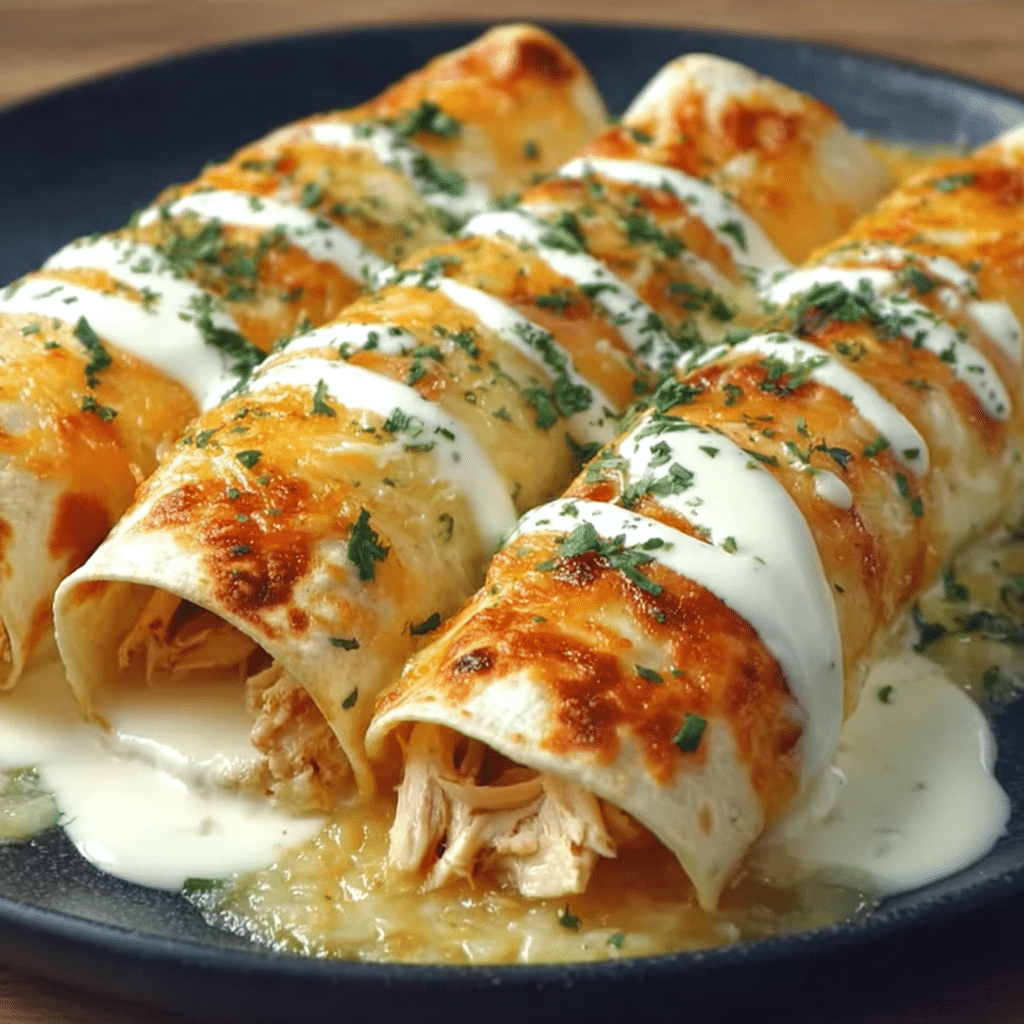 Cheesy chicken enchiladas with cream sauce and melted cheese on top, garnished with cilantro on a dark blue plate.