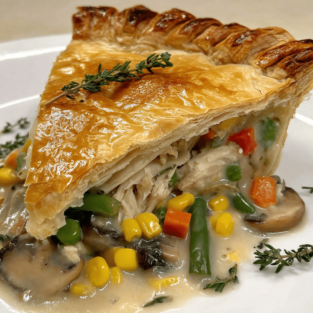 Golden chicken pot pie slice with creamy filling and flaky crust.