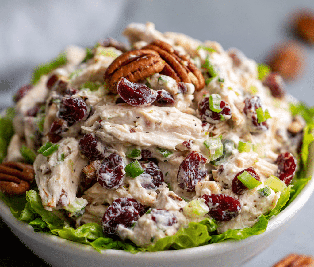 Creamy chicken salad with pecans and cranberries served on croissant sandwiches.