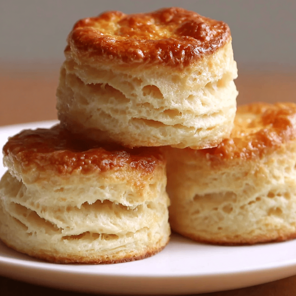 Golden, flaky classic buttermilk biscuits stacked in a basket with butter on the side