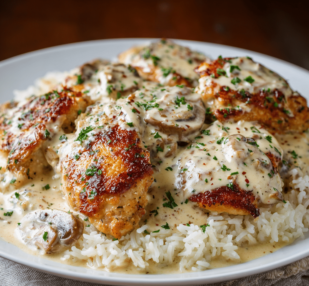 Creamy smothered chicken served over fluffy rice with parsley garnish.