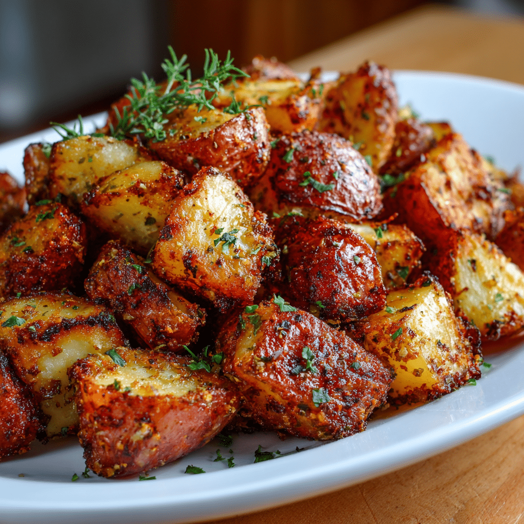 Crispy roasted red potatoes with garlic and herbs on a baking tray