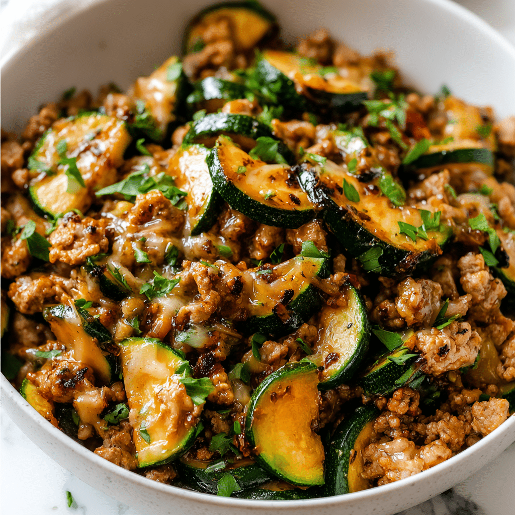 Ground turkey and zucchini skillet with peppers and parsley, served as a healthy one-pan dinner.