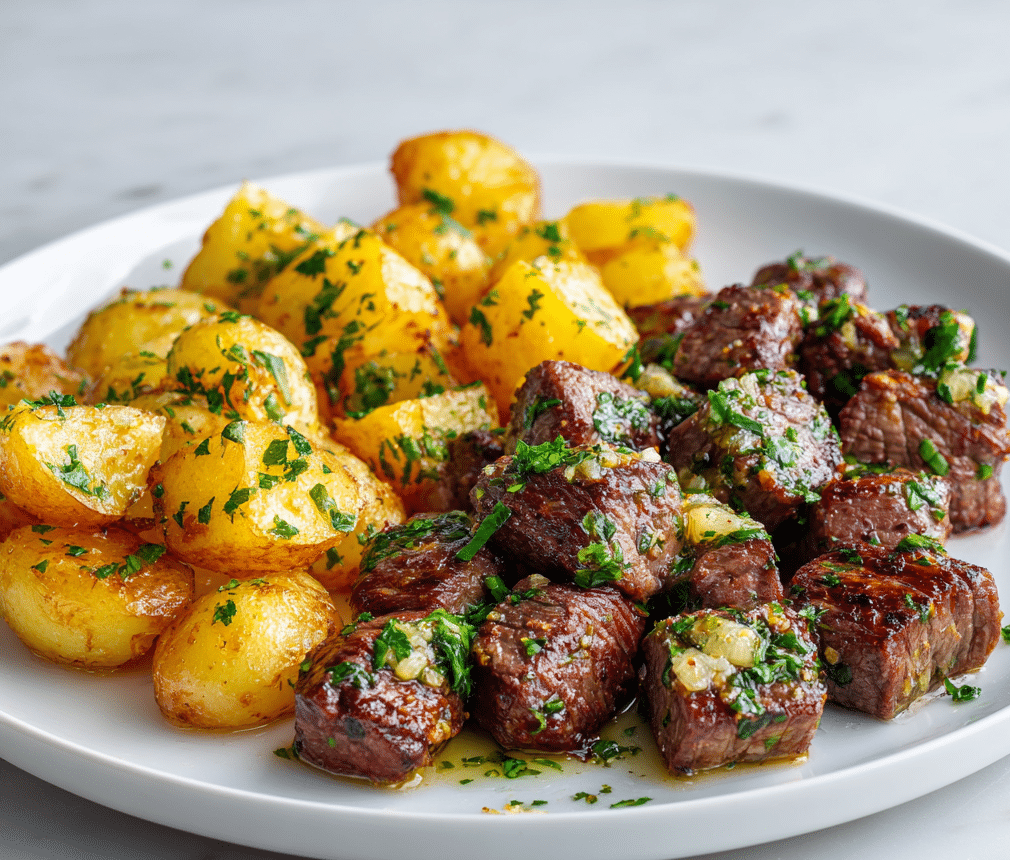 Garlic Butter Beef Bites and Potatoes in skillet