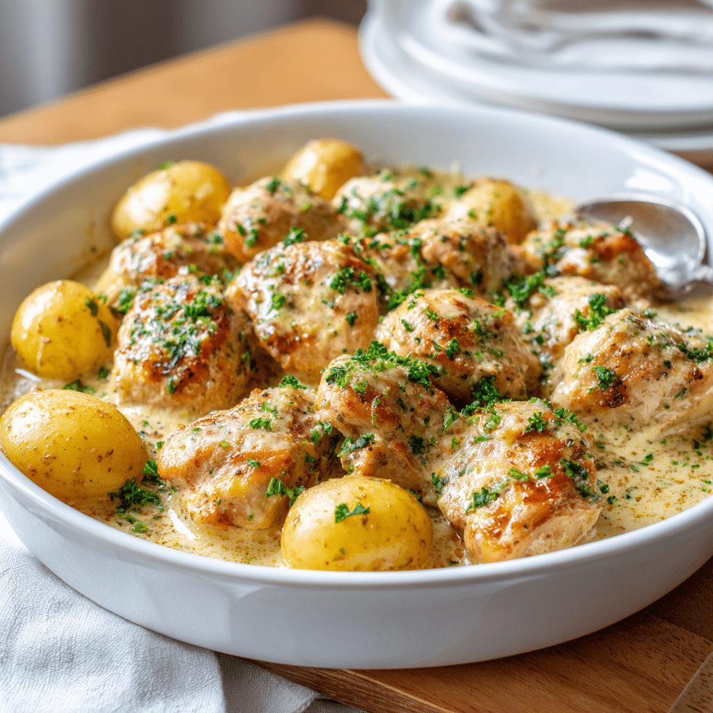 Garlic Parmesan Crockpot Chicken and Potatoes served in a white dish with parsley garnish