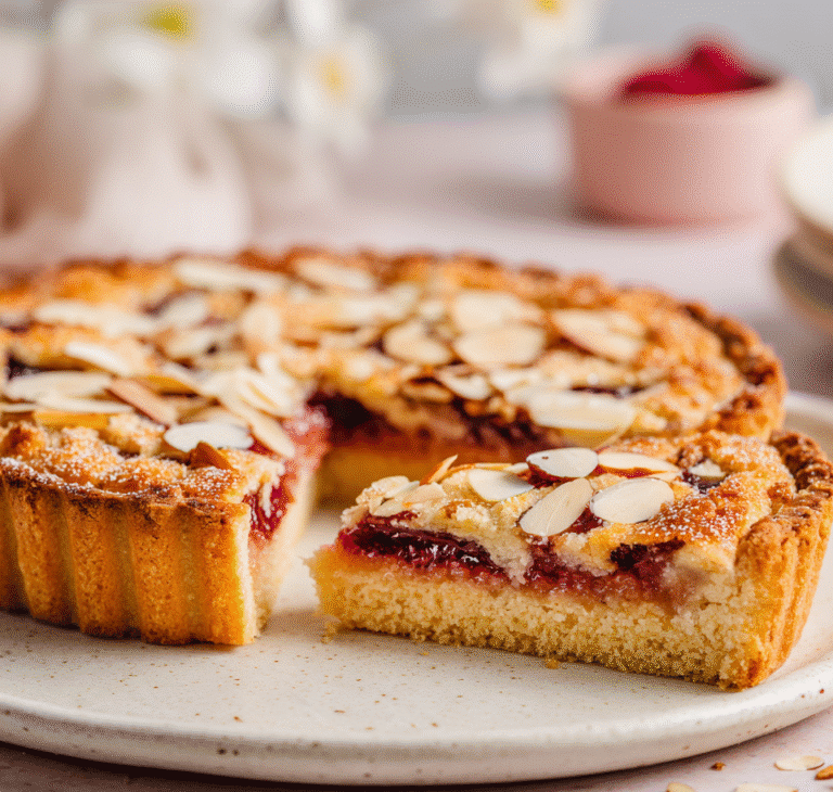 Gluten free Bakewell tart with almond topping