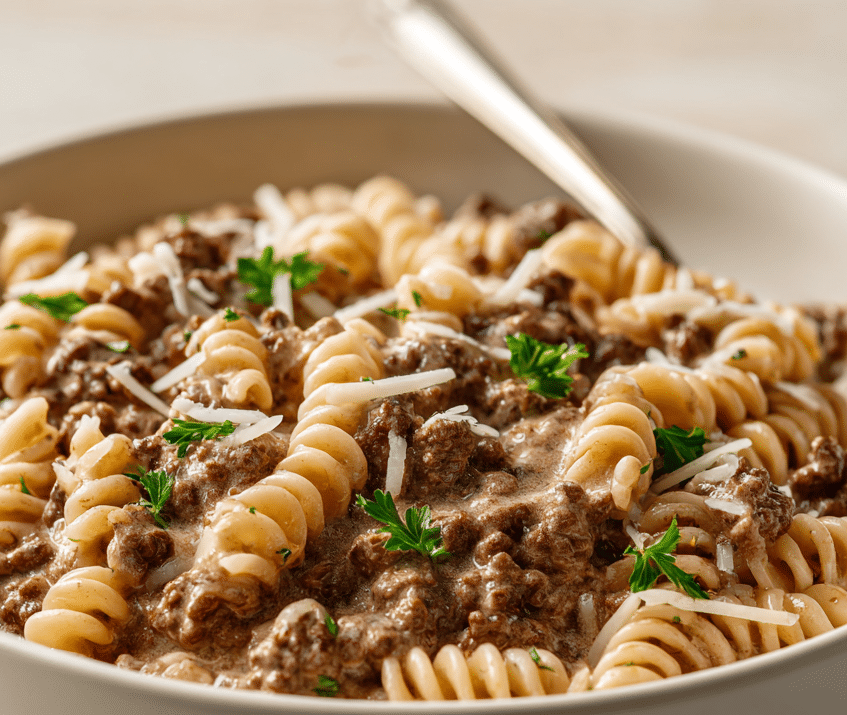 Bowl of high protein creamy beef pasta topped with parsley
