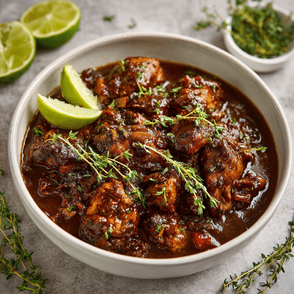 Jamaican Brown Stew Chicken in a rustic Caribbean kitchen