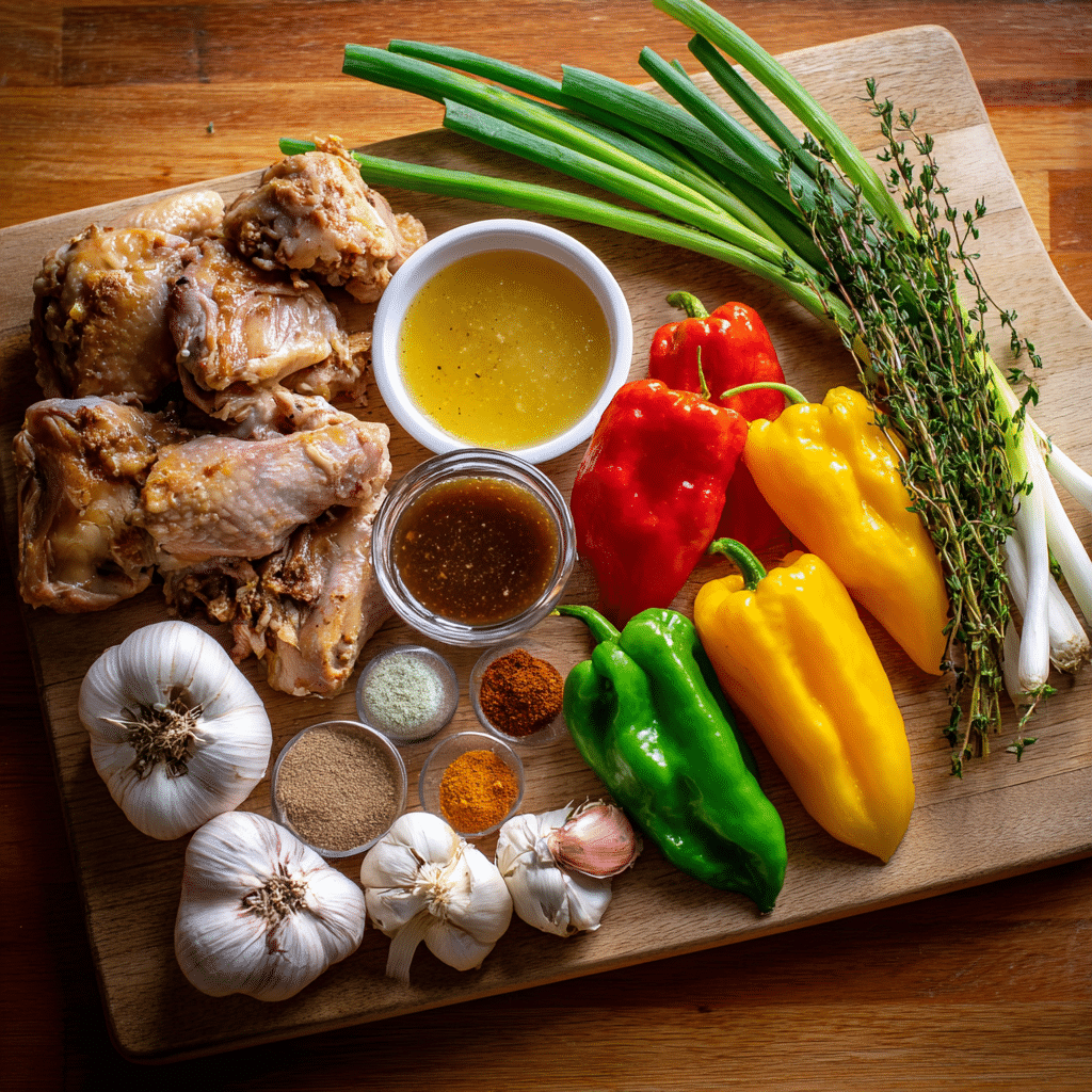Jamaican Brown Stew Chicken Ingredients Flat Lay