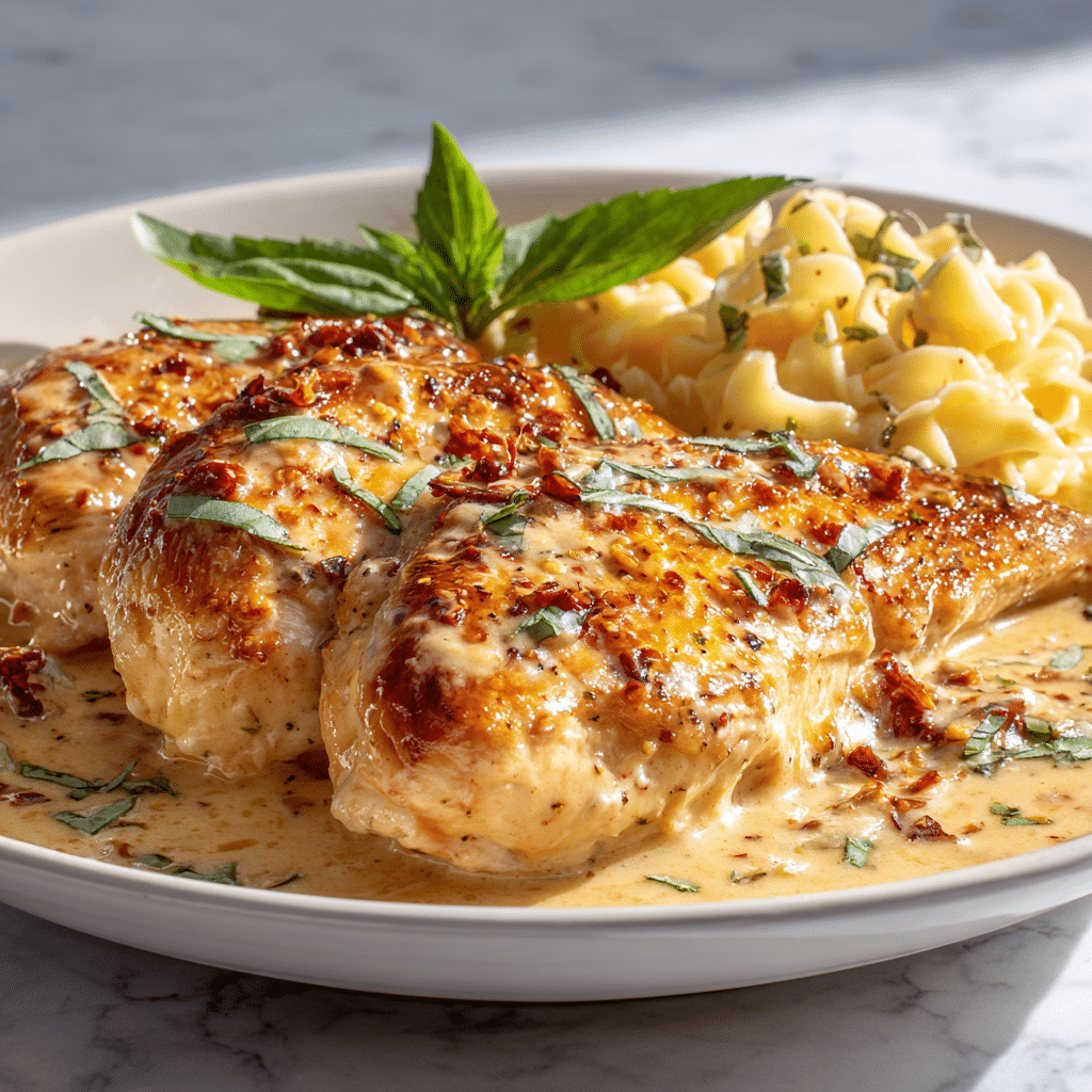 Skillet of creamy Marry Me Chicken with sun-dried tomato sauce and fresh basil garnish.
