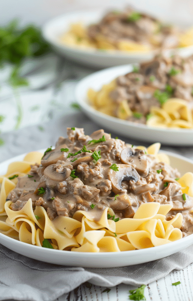 Creamy ground beef stroganoff served over egg noodles with parsley garnish.