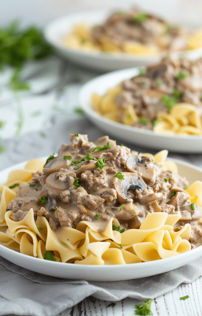 Creamy ground beef stroganoff served over egg noodles with parsley garnish.