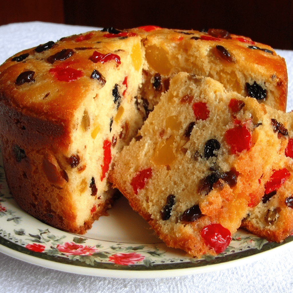 A golden Newfoundland peach fruit cake sliced to show juicy peach pieces inside.