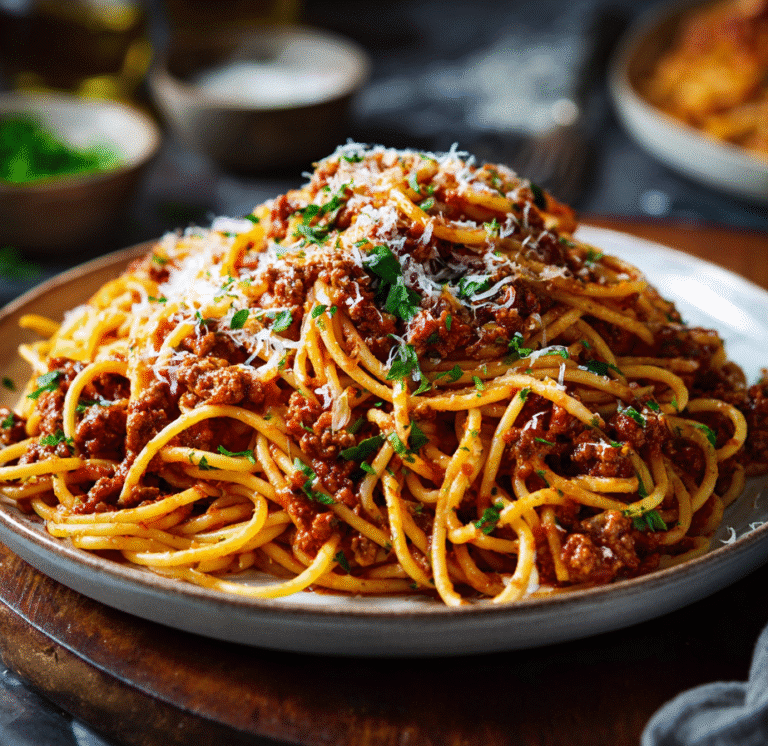 Spaghetti bolognese with rich meat sauce and Parmesan