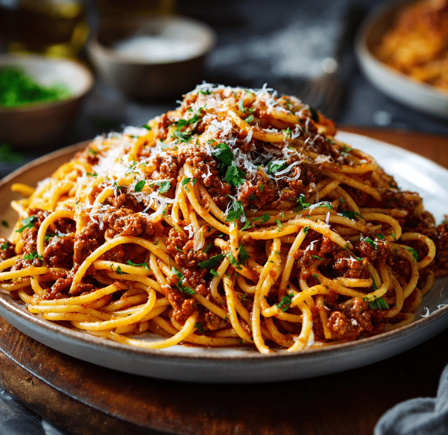 Spaghetti bolognese with rich meat sauce and Parmesan