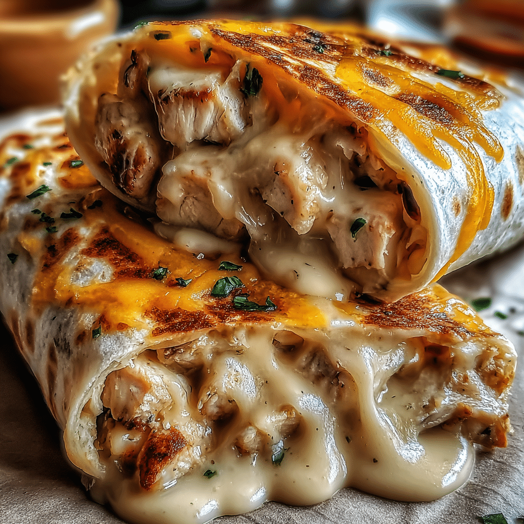 Golden crispy chicken and cheese tortilla wrap sliced in half, showing melted cheese and juicy chicken filling on a white plate.