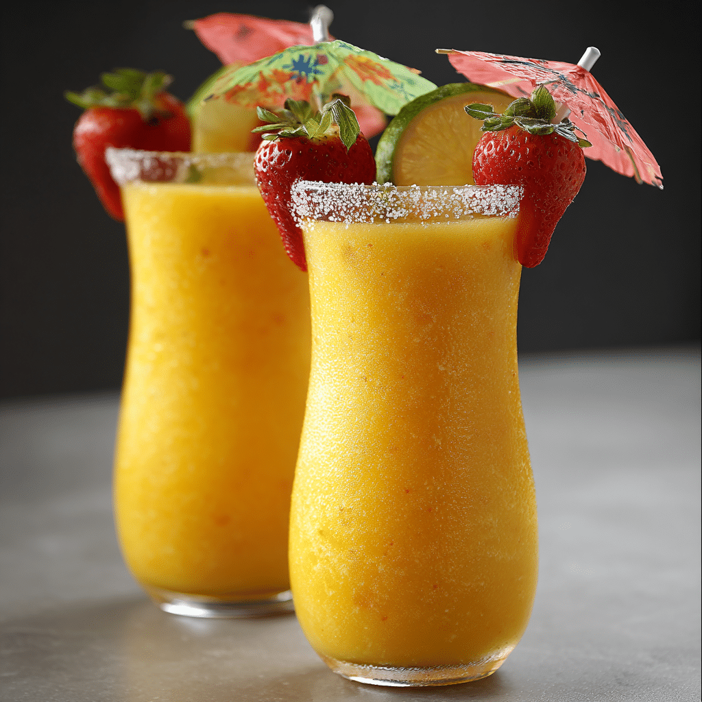 Elegant summer tropical cocktail with mango, peach, lime, and lemonade served in a sugar-rimmed glass with fruit garnish