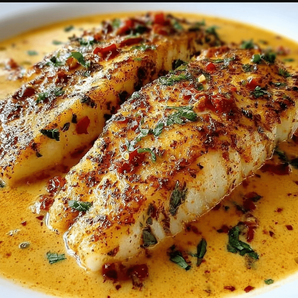 Fish fillet in creamy paprika and mustard sauce served with parsley garnish