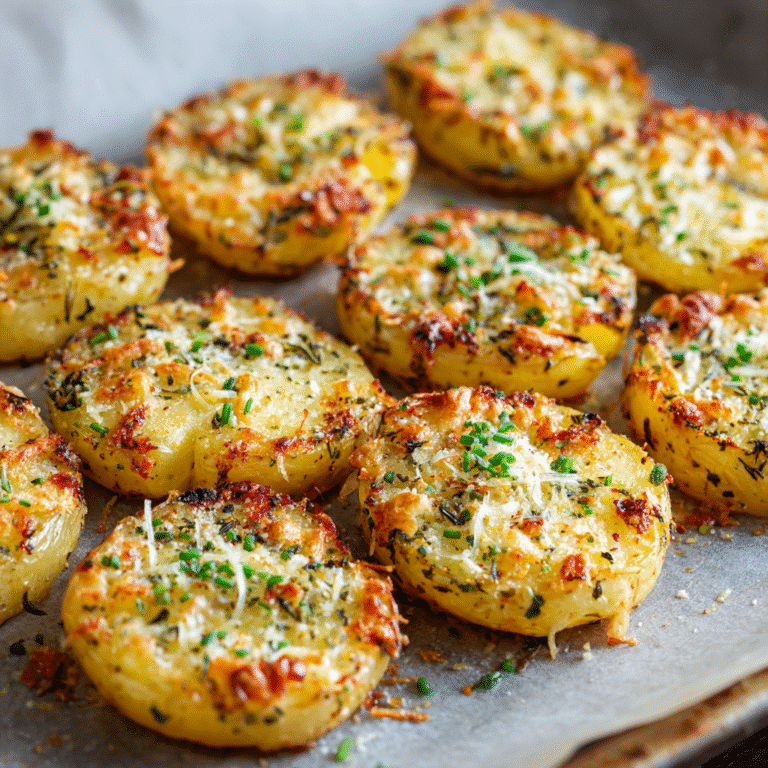 Crispy herbed cheesy baked potato medallions served on a white platter.