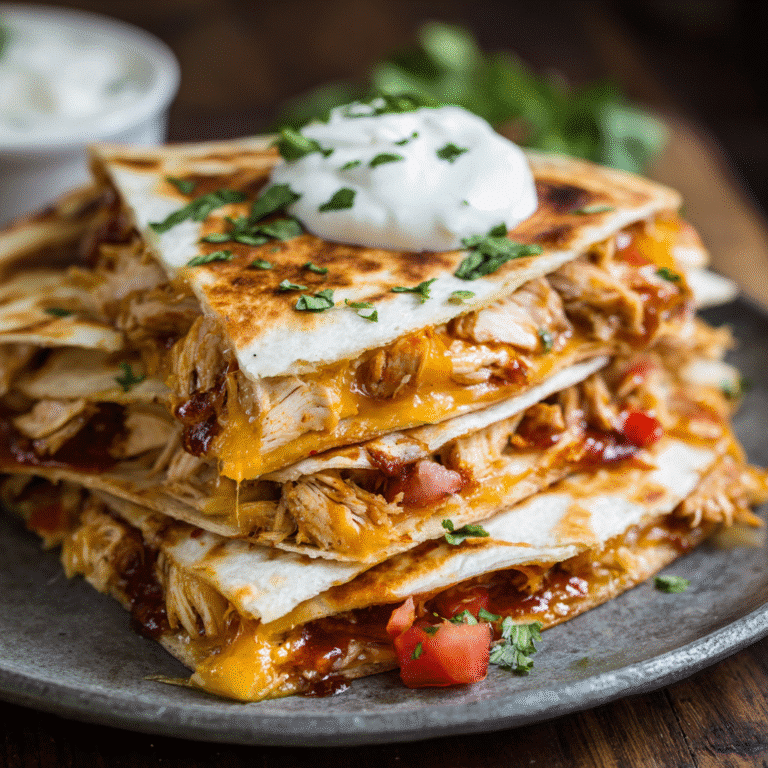 Easy chicken quesadillas cut into wedges on a white plate with salsa and guacamole on the side.