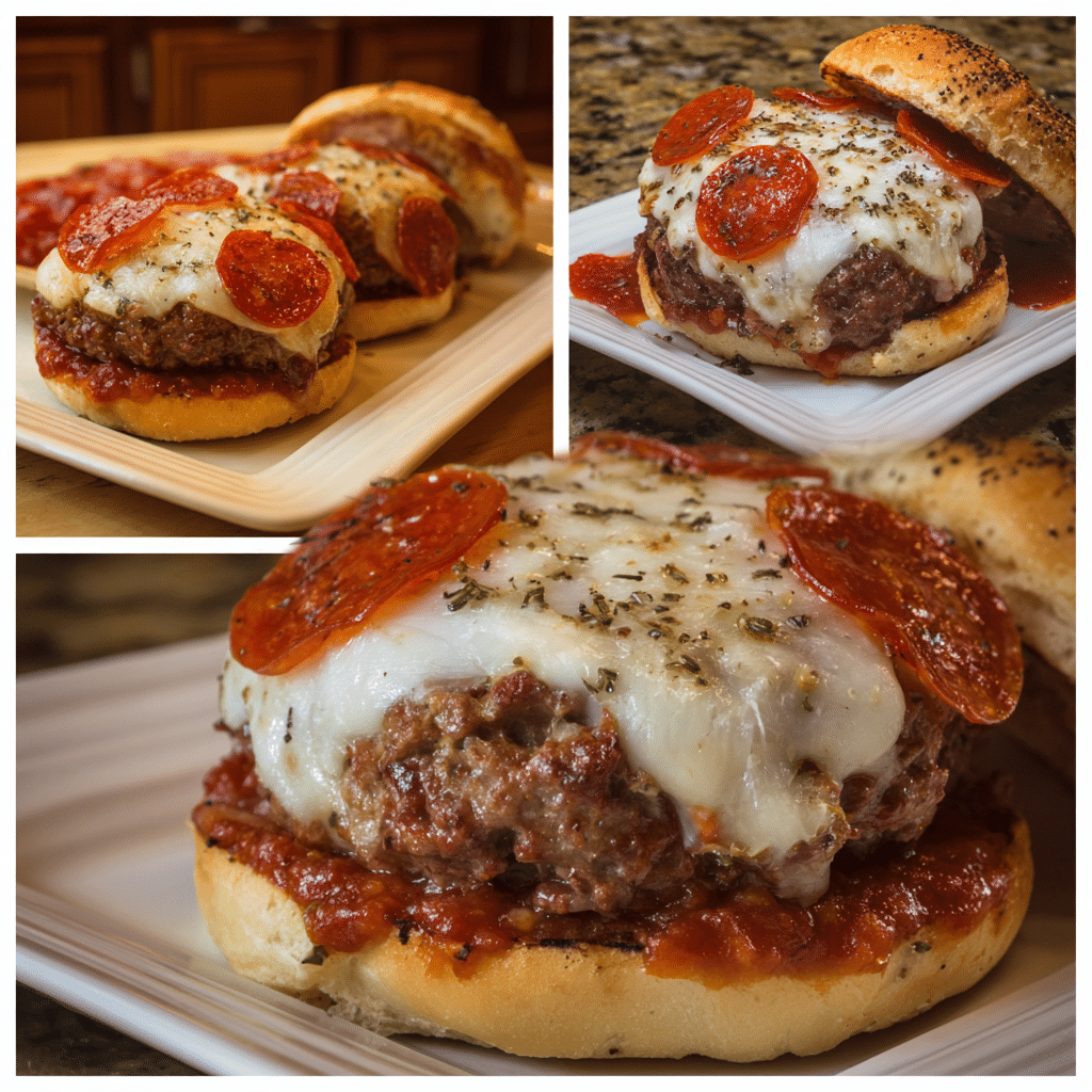 Pizza Burger with Pepperoni & Cheese sliced open with melty mozzarella